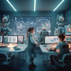 Midjourney: kids in school, classroom, photography, Interface screens with dashboards in the background, hyperrealistic, cinematic, teacher robot.