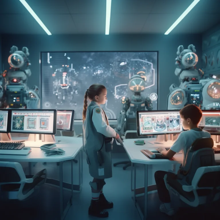 Midjourney: kids in school, classroom, photography, Interface screens with dashboards in the background, hyperrealistic, cinematic, teacher robot.