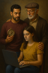Tres generaciones unidas: abuelo, padre e hija, representando la transmisión de sabiduría y guía en la búsqueda vocacional en la era de la Inteligencia Artificial.