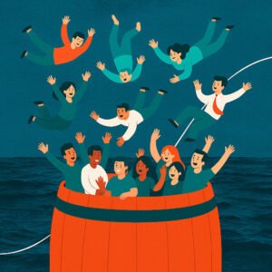 Ilustración de personas cayendo felices en un barril lleno de clientes contentos sobre fondo azul con textura de mar y línea de crecimiento exponencial, inspirada en The Cold Start Problem.