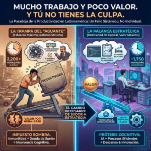 Infografía comparativa que muestra la "Trampa del Aguante" (exceso de horas y fatiga) frente a la "Palanca Estratégica" (tecnología, IA y descanso) en el contexto laboral latinoamericano.