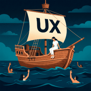 Ilustración conceptual de la crisis del UX: un barco con la bandera UX navega mientras profesionales quedan fuera del sistema, reflejando que el problema no es la IA sino la falta de criterio y enfoque de negocio.