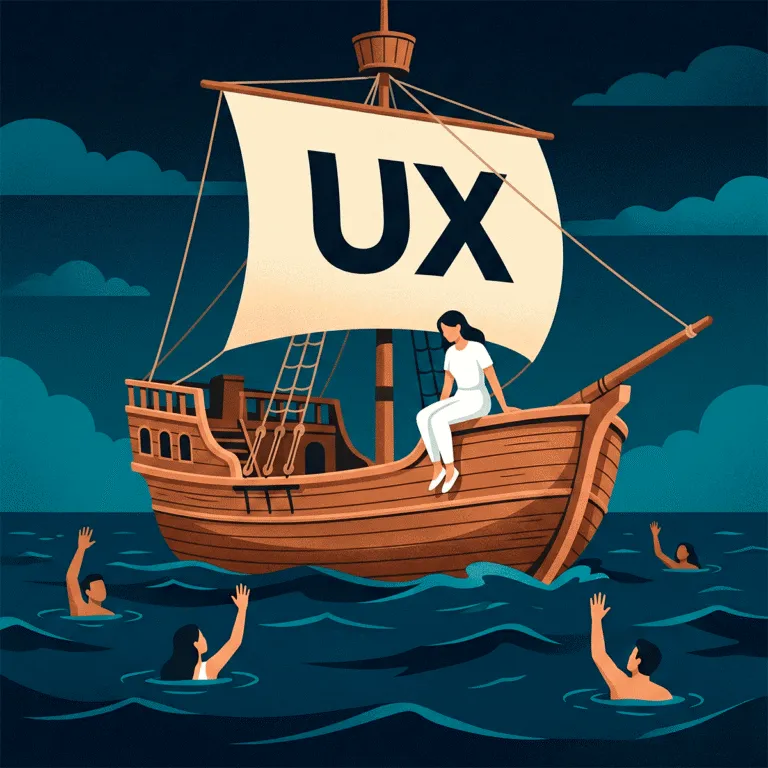 Ilustración conceptual de la crisis del UX: un barco con la bandera UX navega mientras profesionales quedan fuera del sistema, reflejando que el problema no es la IA sino la falta de criterio y enfoque de negocio.